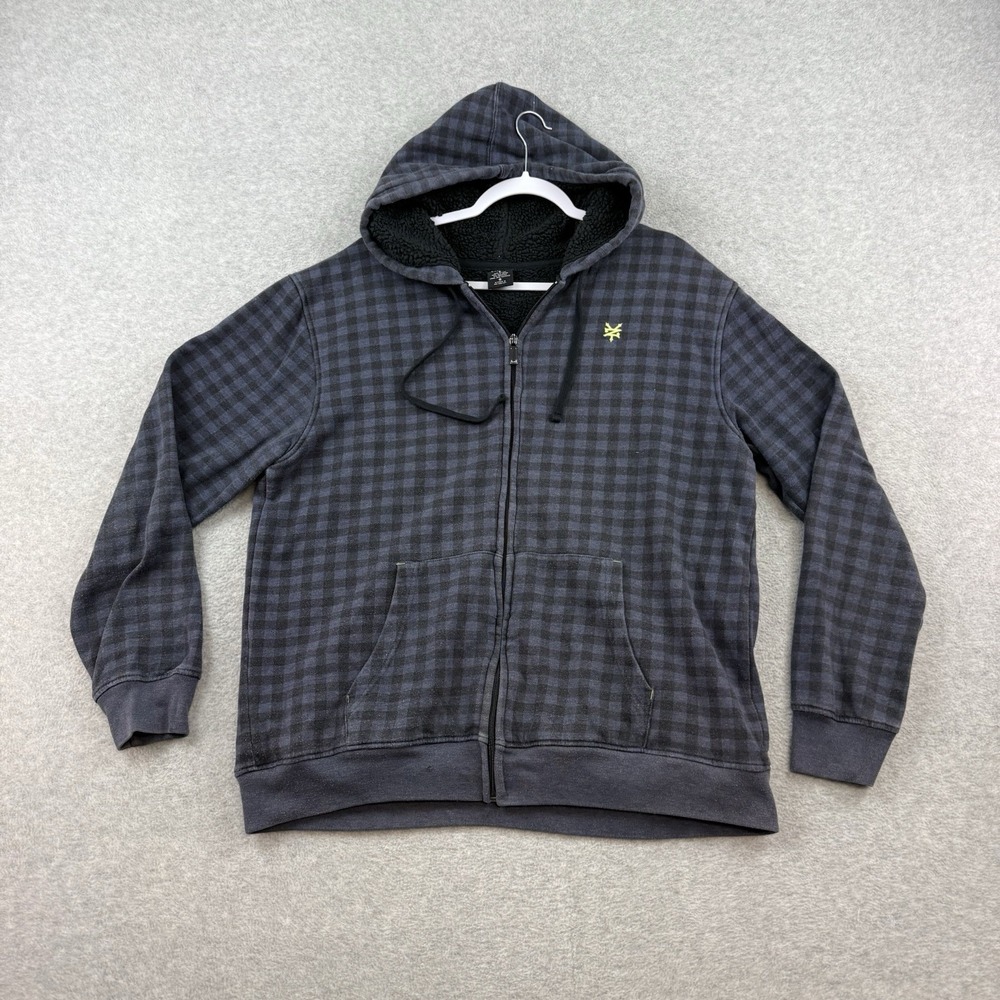 Zoo York Y2K Sherpa Lined Hoodie Men's Large Full Zip Sweatshirt Gray Black EUC